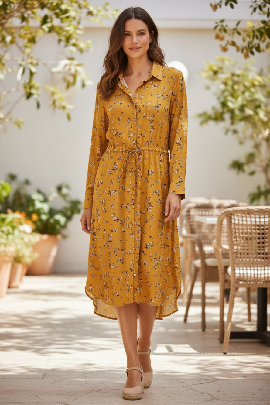 Lauren Ralph Lauren Women's Yellow Floral Print Button-Down Shirt Dress with Dra